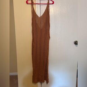 Brown Ribbed Sleeveless V-Neck Slip Coverup